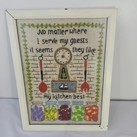 Vintage Framed Crewel Wall Art Kitchen Retro Cottage Farmhouse - Picture 8 of 10